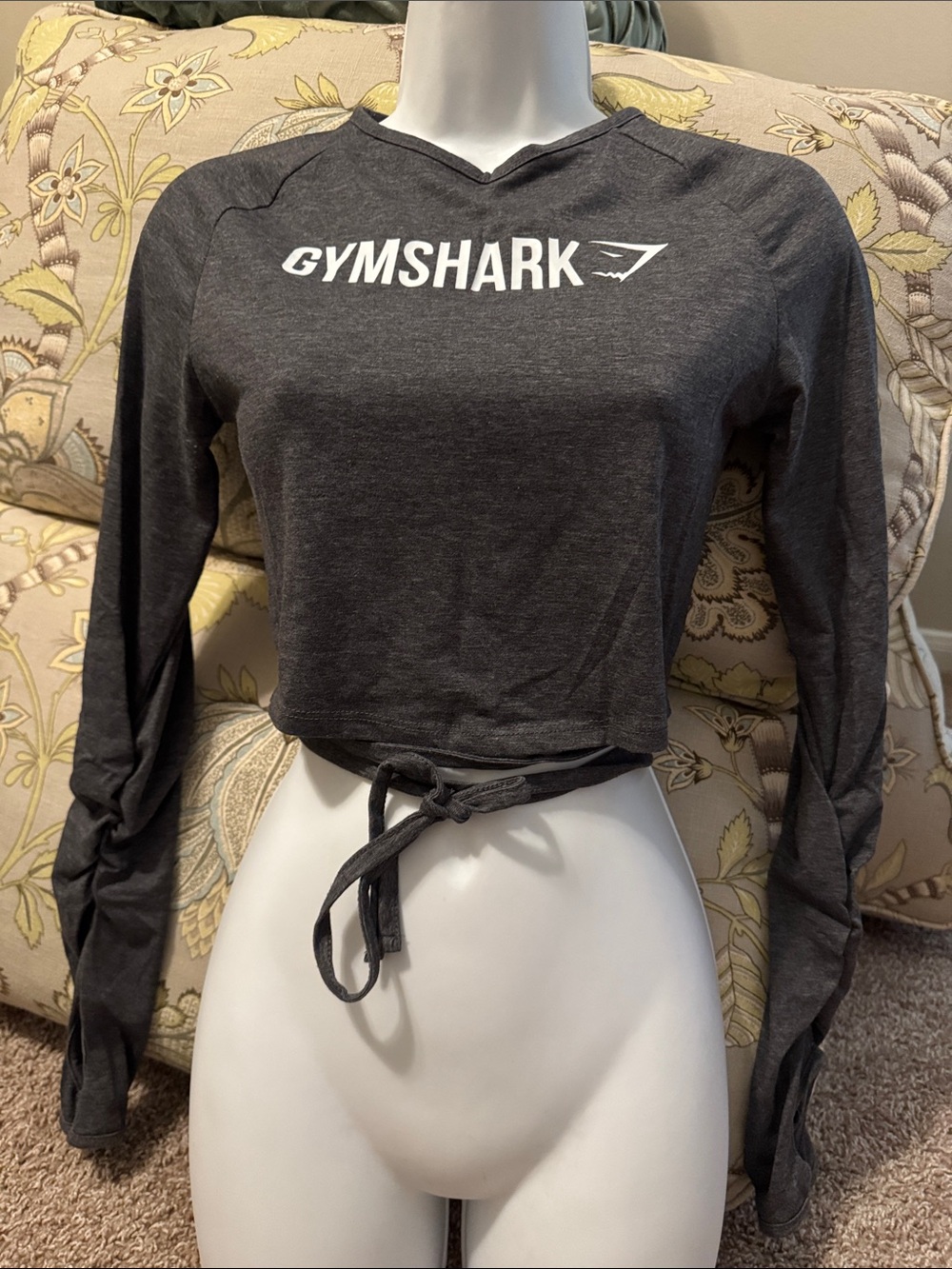 Gymshark Charcoal Cropped Long Sleeve Tie-Waist Sweatshirt